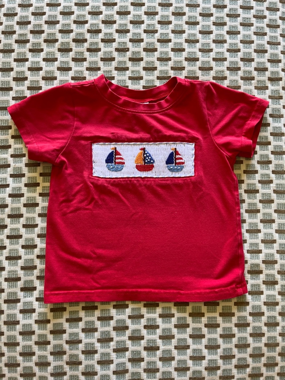 Red Smocked Kids Tee with Sailboats - size 24 mos/2T